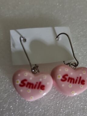 Hand Crafted Pink 'Smile' Heart Dangle Earrings